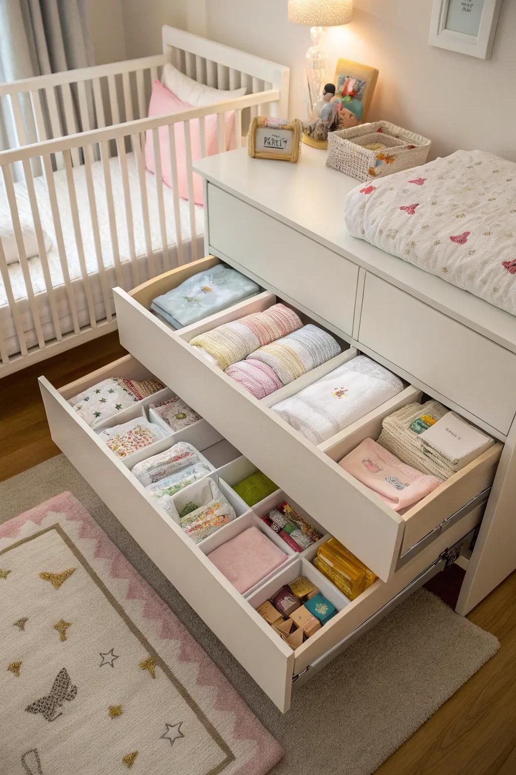 A baby bed with storage incorporated.