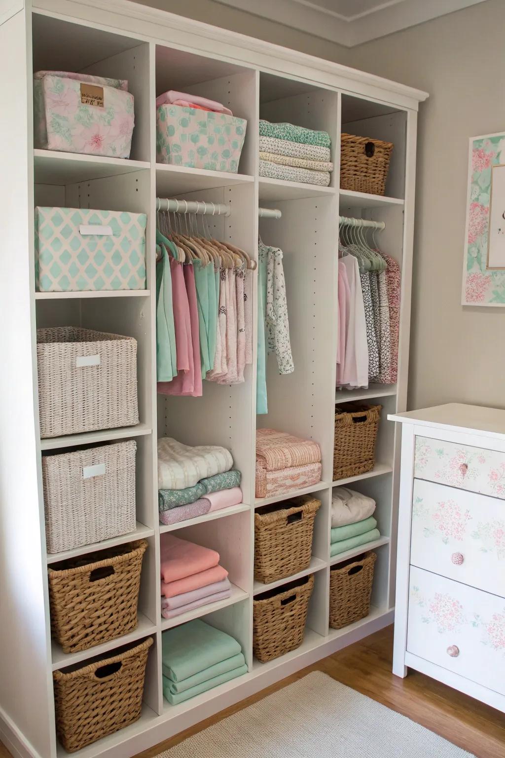 A thoughtfully arranged nursery closet featuring compartments and baskets for optimal storage.