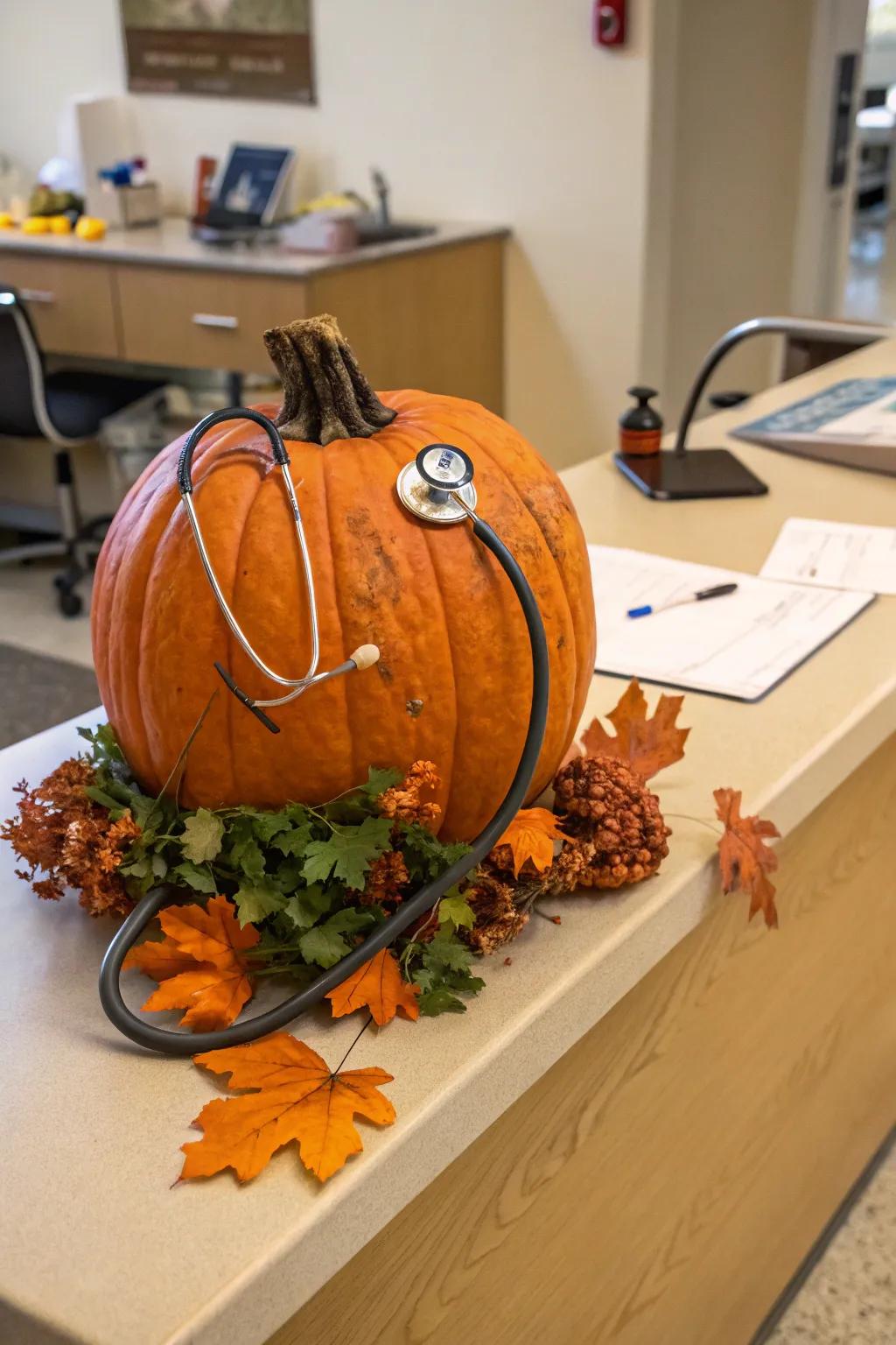 A pumpkin with a stethoscope introduces a medical theme to fall decor.