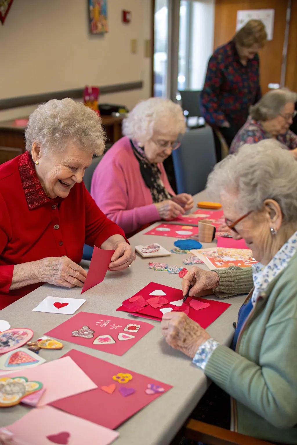Care home residents designing personalized Valentine's cards with affection.