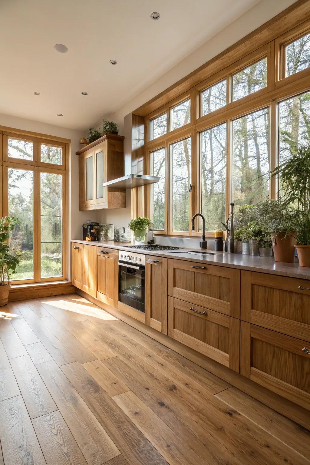 Sun-kissed hardwood floors in a roomy culinary space.
