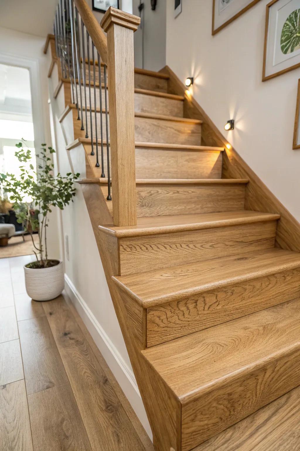 An oak stairway, left in its natural state, highlights the timber's exquisite texture and tint.