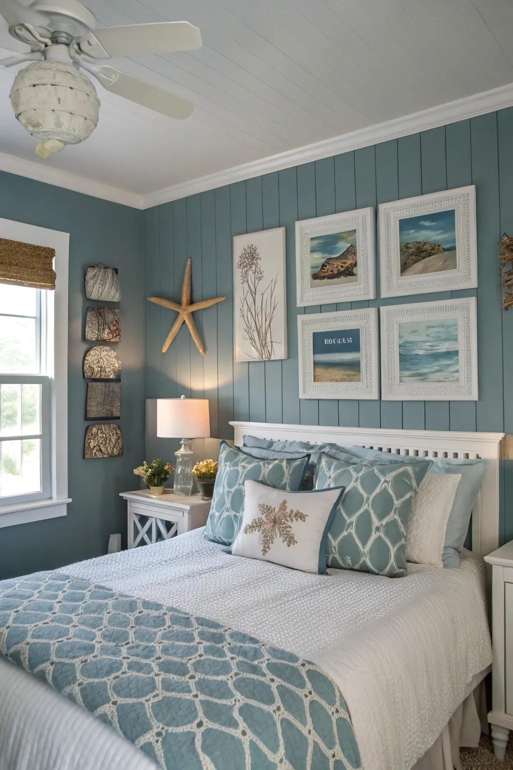A tranquil blue-gray wall hue establishes a serene backdrop for an ocean-themed bedroom.