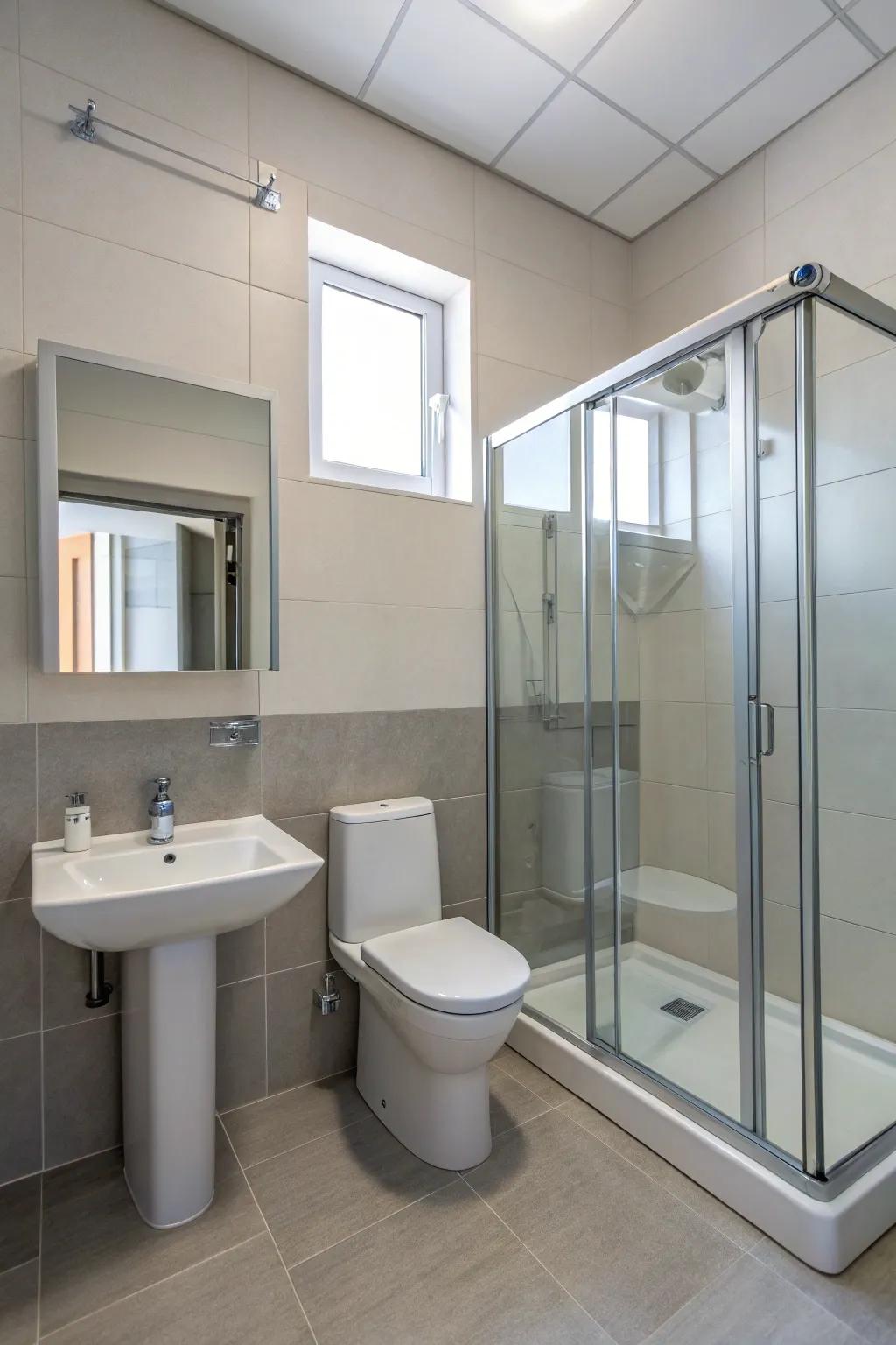 Understated fixtures create a pristine and contemporary ambiance in this office restroom.