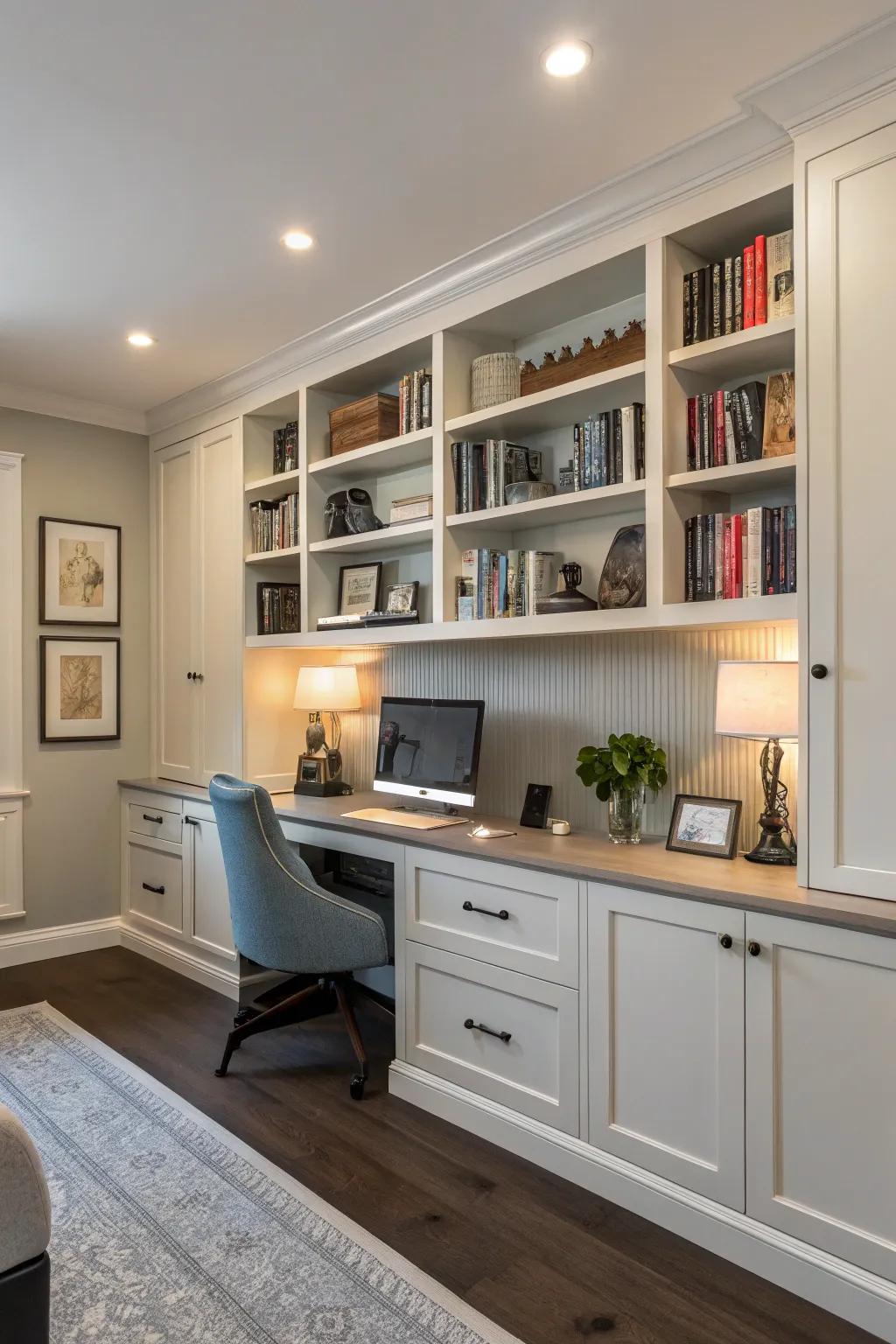 Utilize vertical space to the fullest with elegant wall-to-ceiling cabinets.