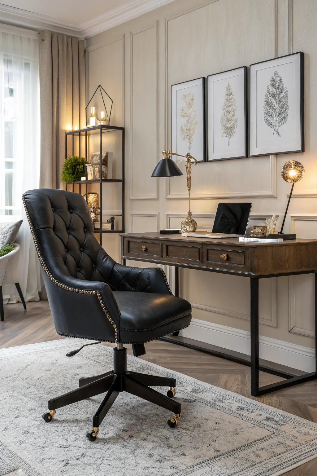 A dark leather chair introduces a sophisticated touch to any home office.