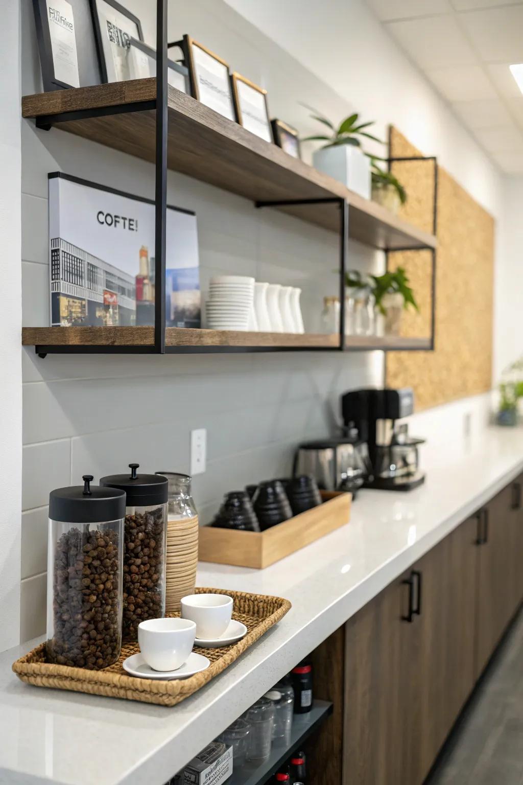 A minimalist coffee corner blends effortlessly into any office setting.