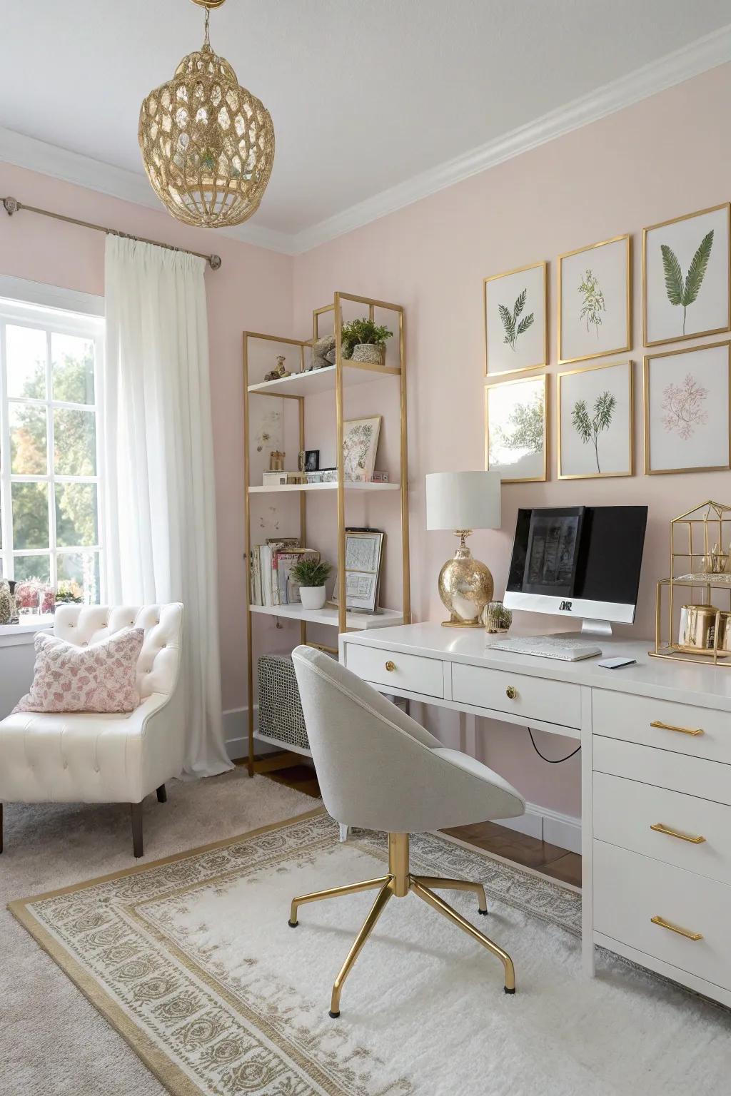 An office bathed in pastel shades and gold accents emanates serene sophistication.