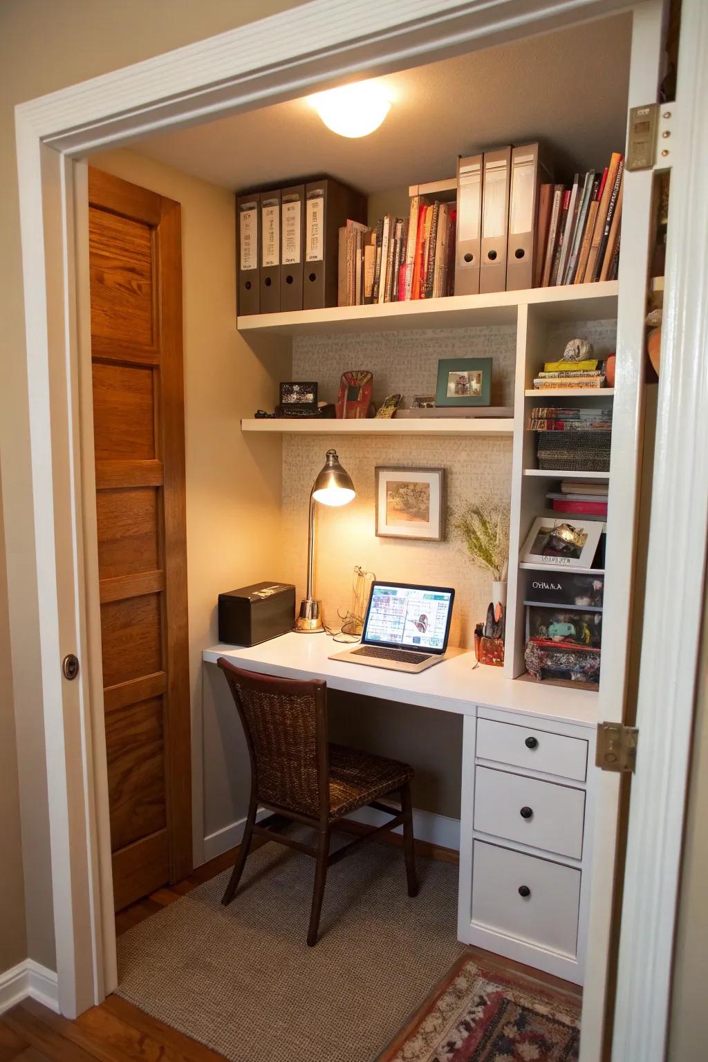 With the correct layout, even a small closet can evolve into an ideal hidden workspace.