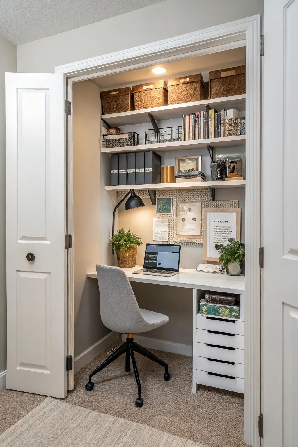 Convert an unused closet into a practical office space that can be hidden from view.