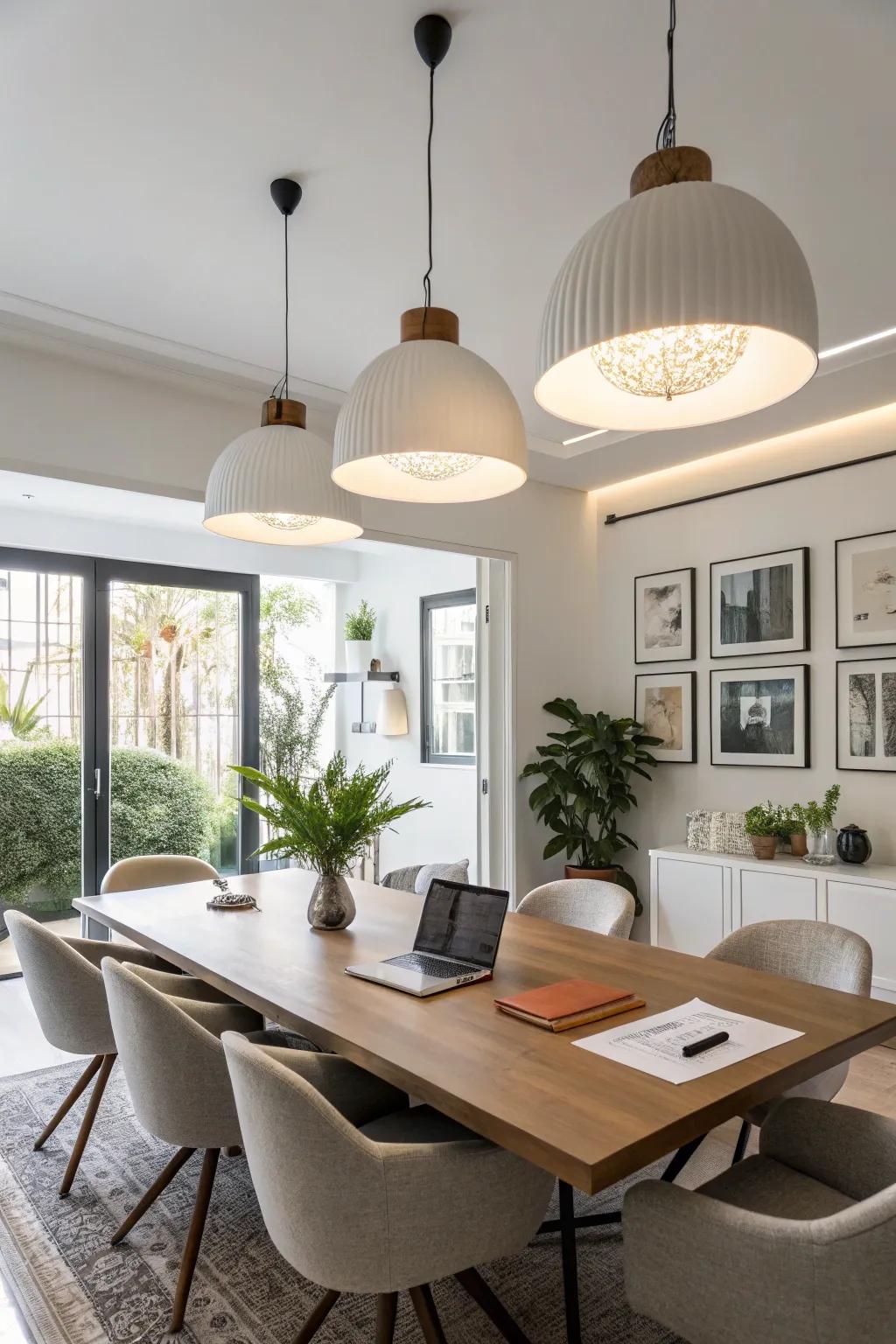 Up-to-date drop lights illuminate a stylish conference area.
