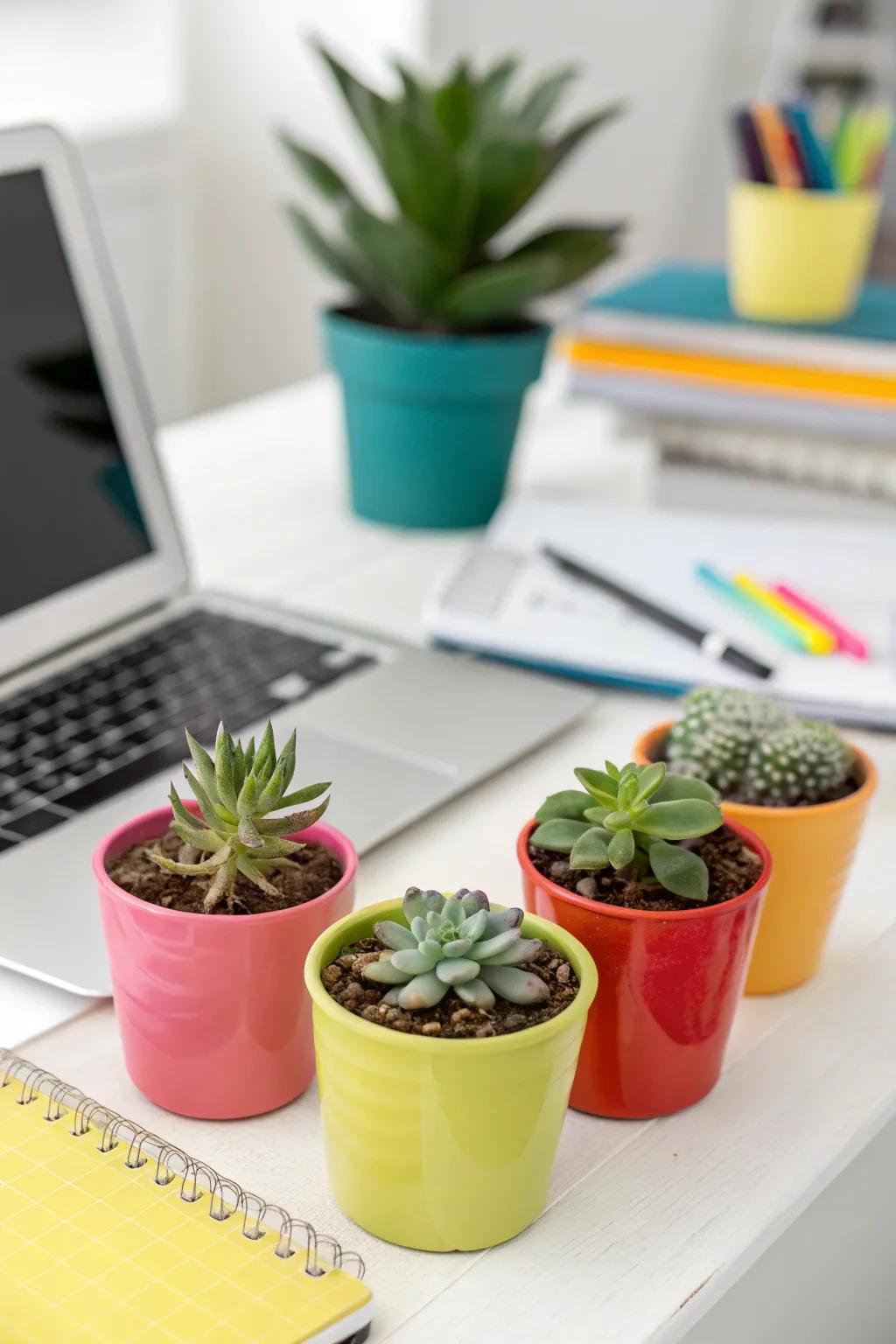 Infuse your desk space with charm using a miniature succulent garden.