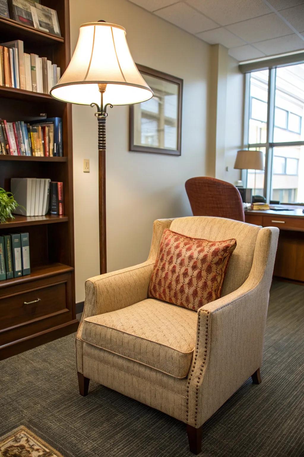 This inviting corner showcases a cozy armchair, perfect for a comfortable reading experience.