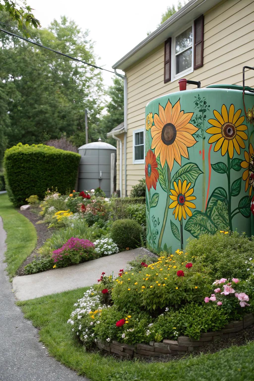 An imaginatively painted fuel container displaying sunflowers, introducing charm to the outdoor space.