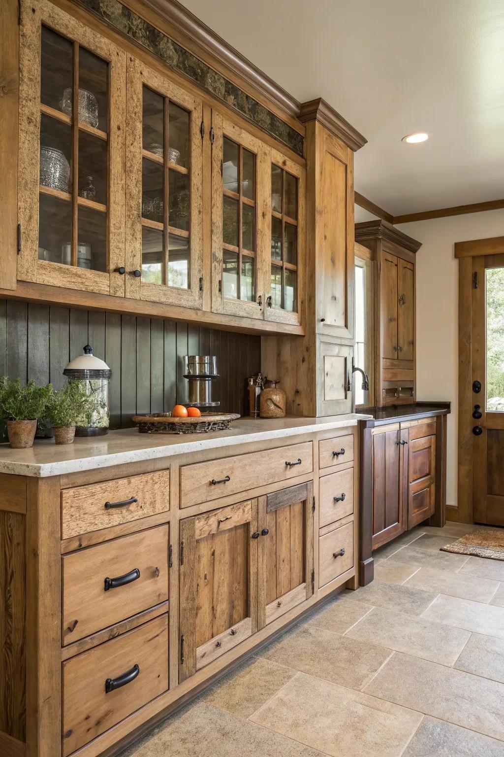 Classic wooden cabinets bring a cozy and unique vibe to the kitchen.