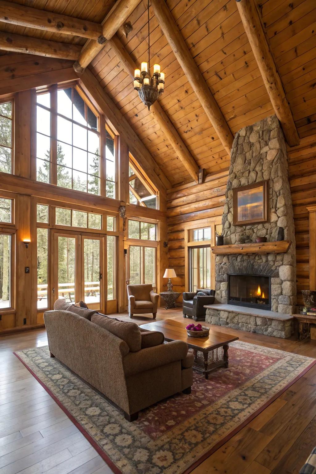 Rustic lodge interior featuring beautiful wood paneling and exposed beams.