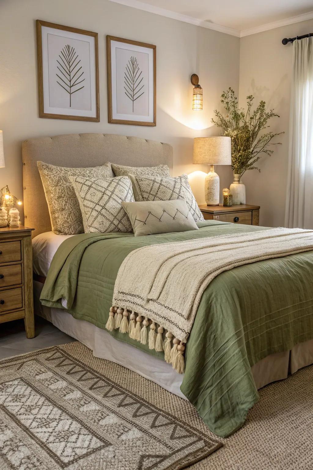 Olive green bedding is matched with neutral shades to evoke a serene atmosphere.