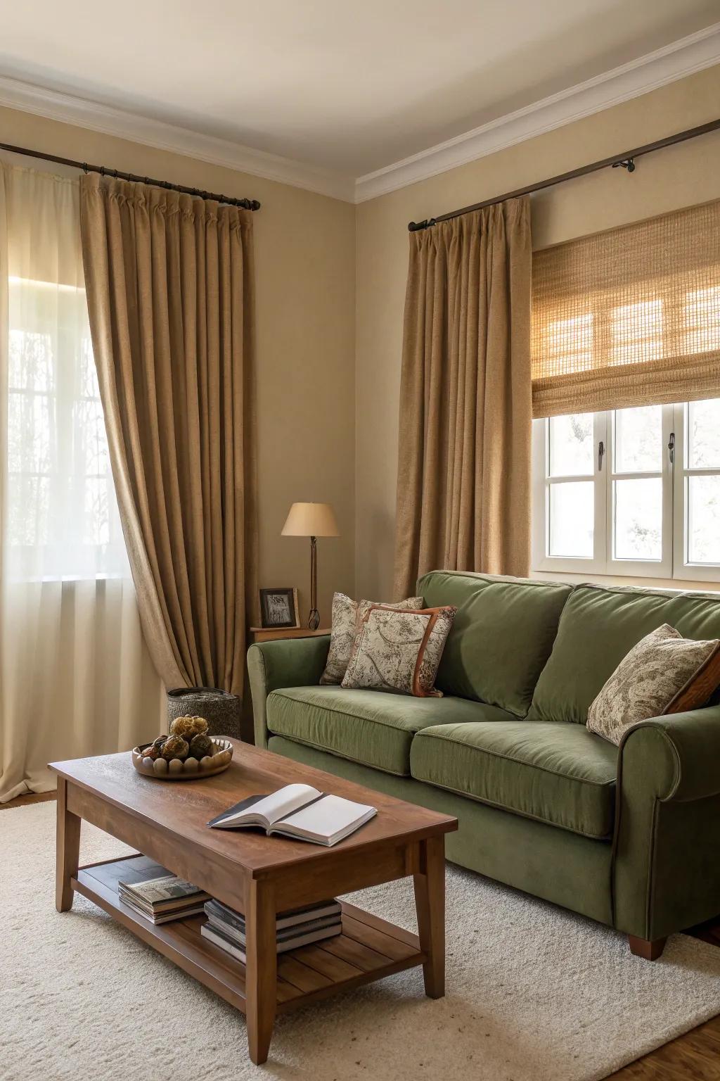 Neutral earth tones provide a peaceful setting for a verdant settee.