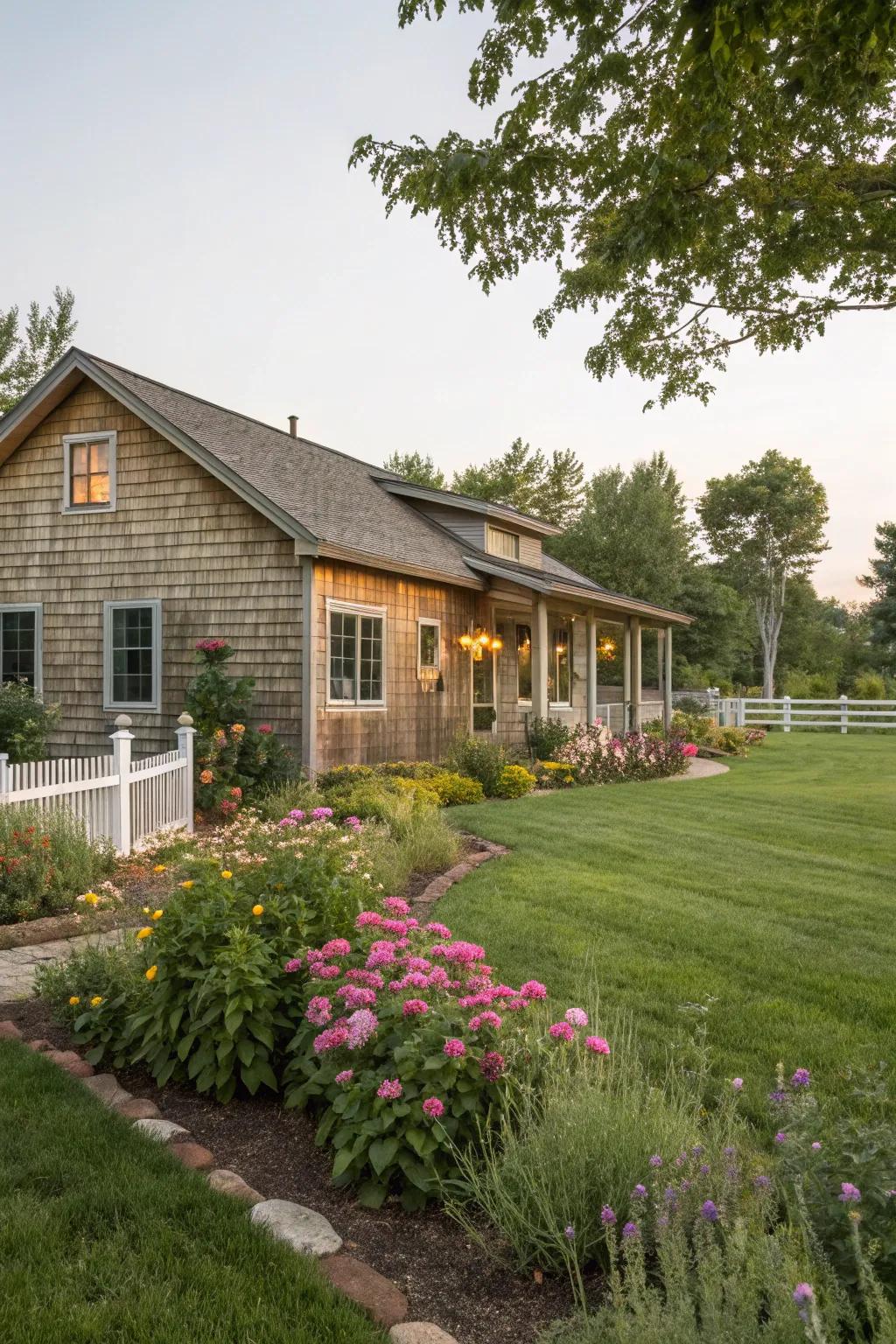 Natural wood siding enhances the inviting charm of this ranch house.