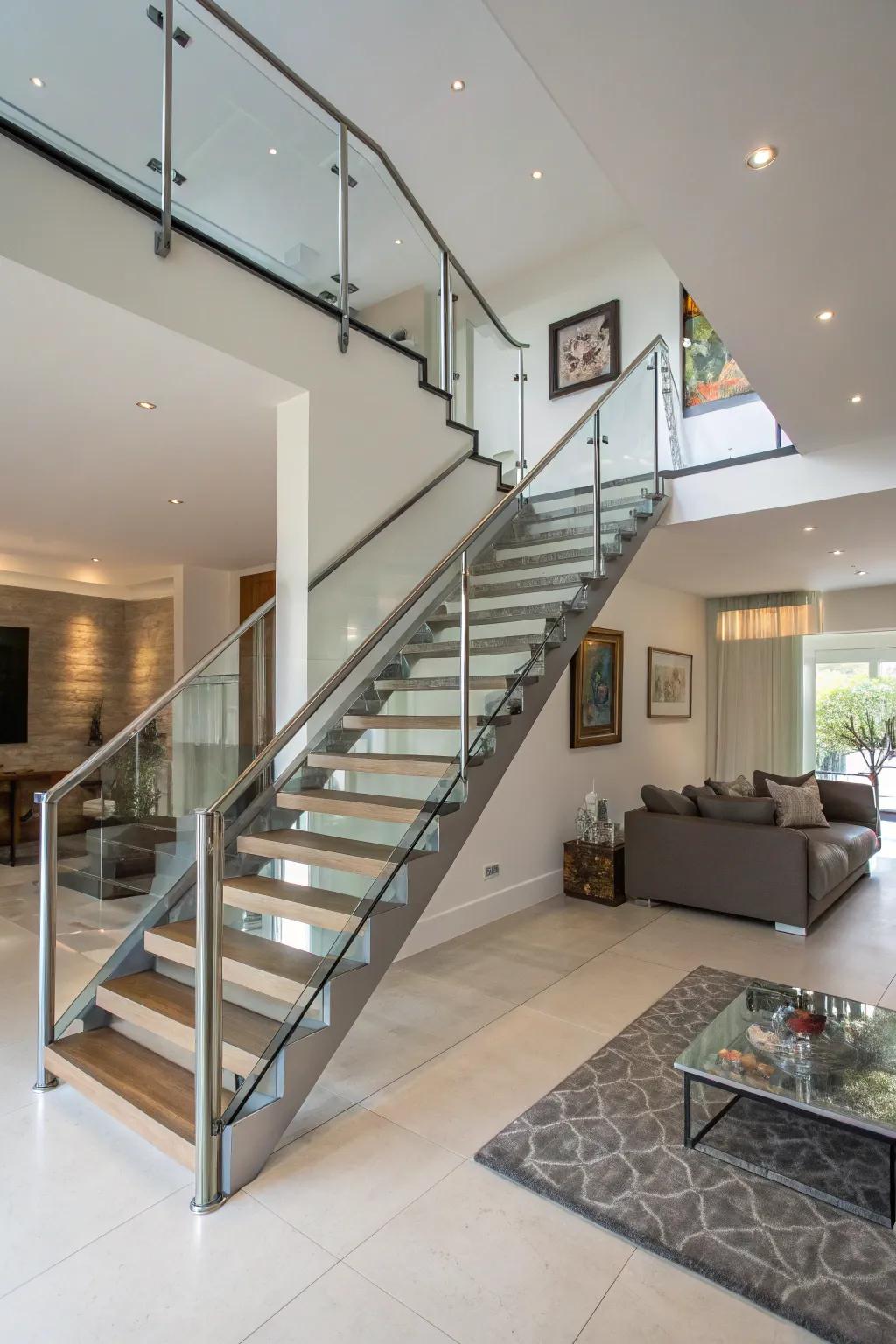 A minimalist open staircase enhances the modern aesthetic of this living space.