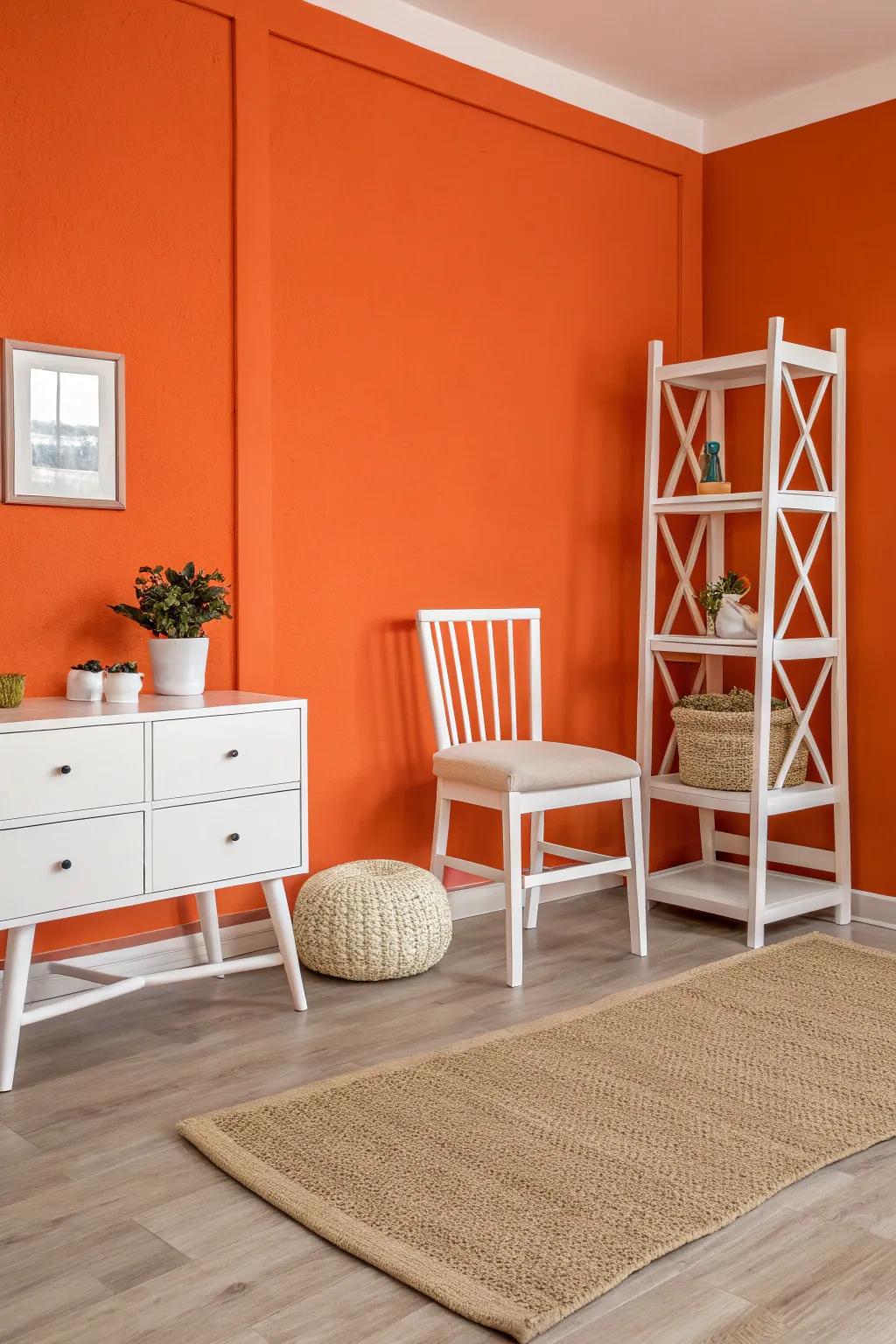 A room featuring a bold tangerine accent wall complemented by sleek ivory furniture.