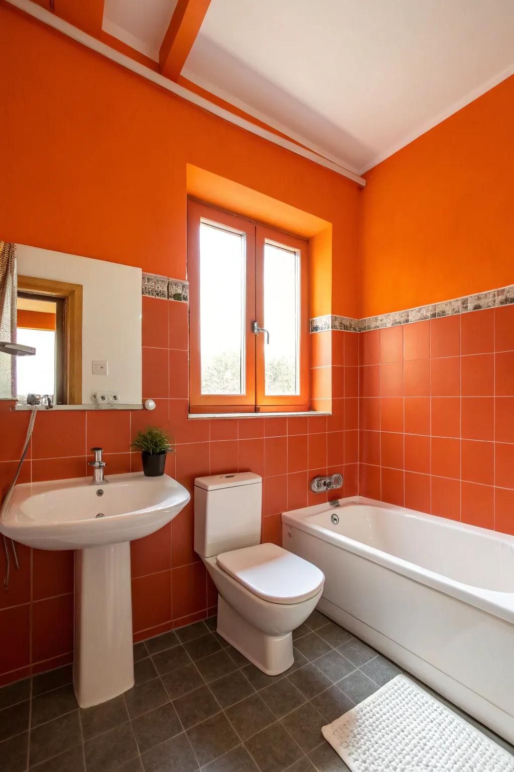 A bathroom featuring striking orange walls combined with minimalist white fittings.