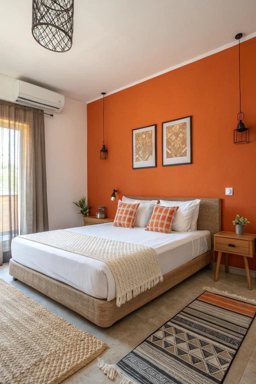 A striking orange feature wall brings out the best in this modern bedroom.