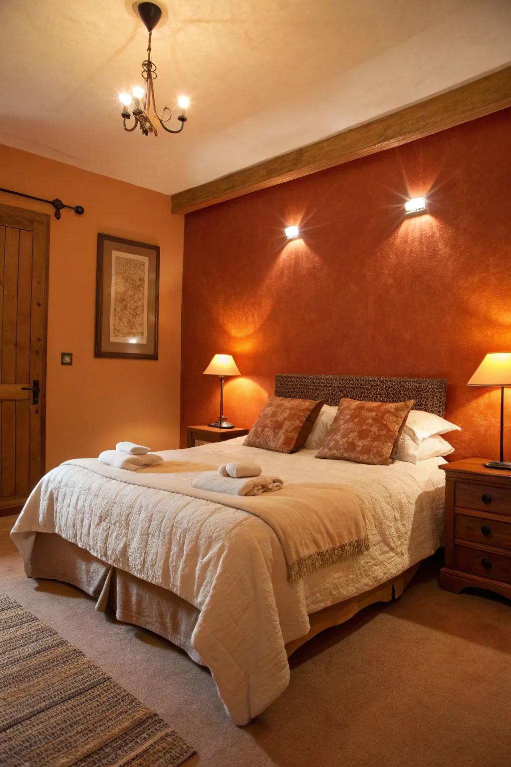 Burnt orange walls combined with cream bedding make a welcoming hideaway.