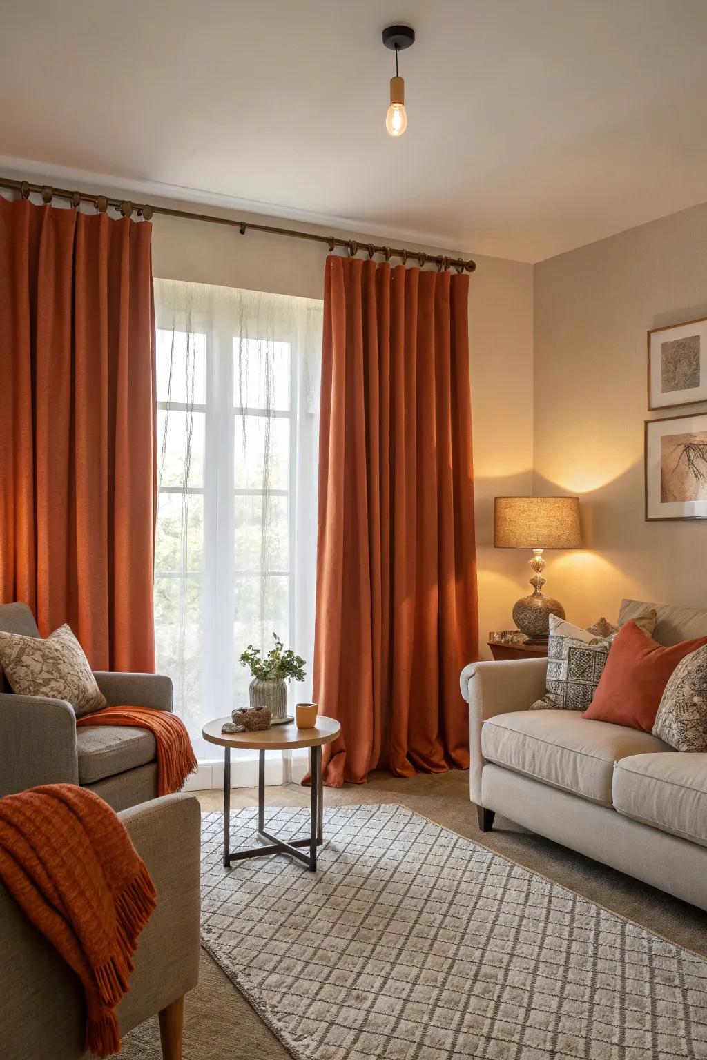 Ember-toned window coverings adding a comfortable and sophisticated element.