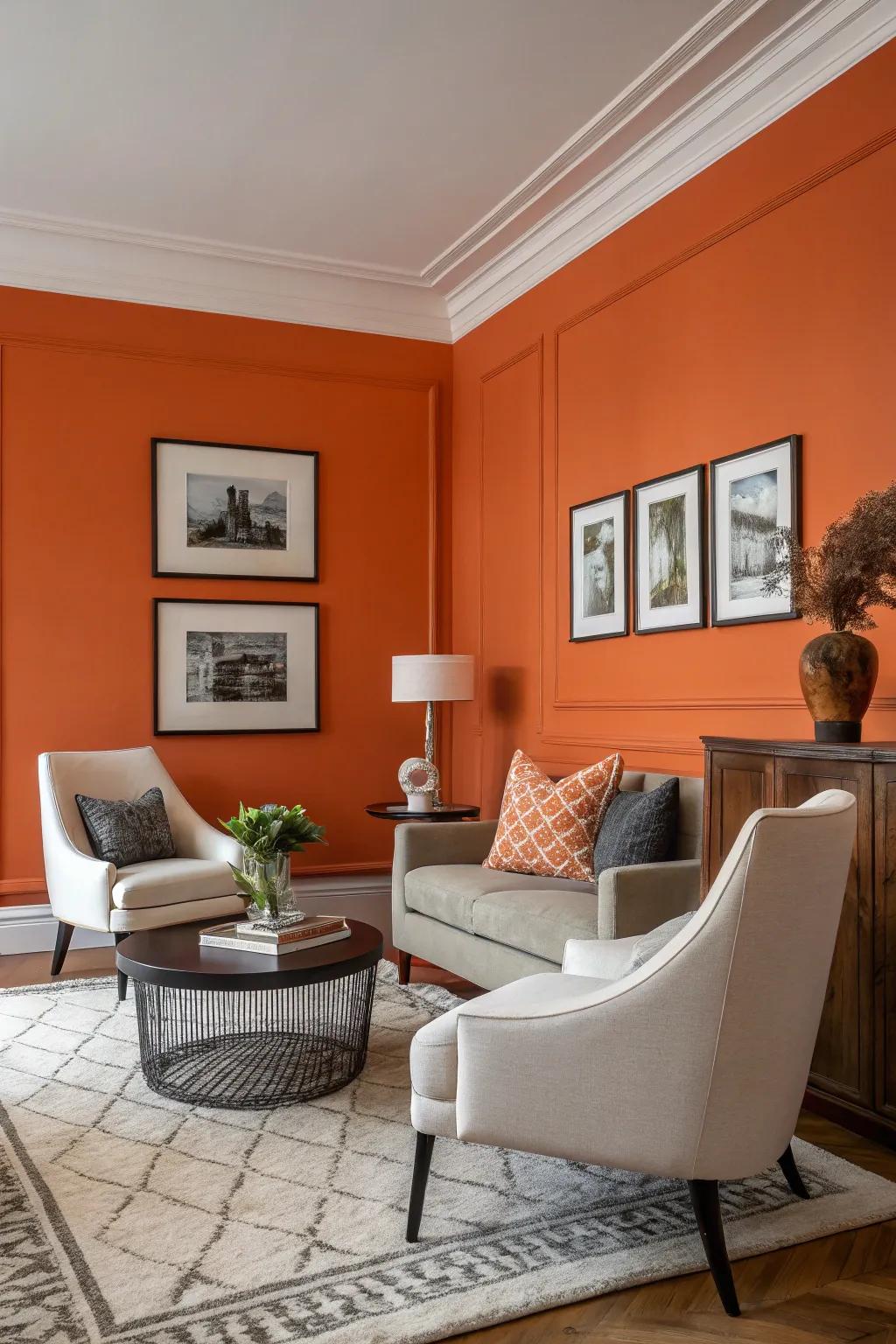 A living area showcasing an intense orange feature wall that provides a lively point of interest.