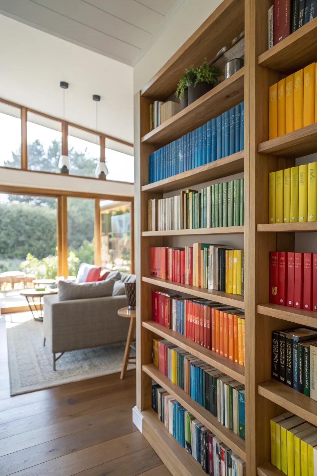 Books arranged by color create a striking visual impact on shelves