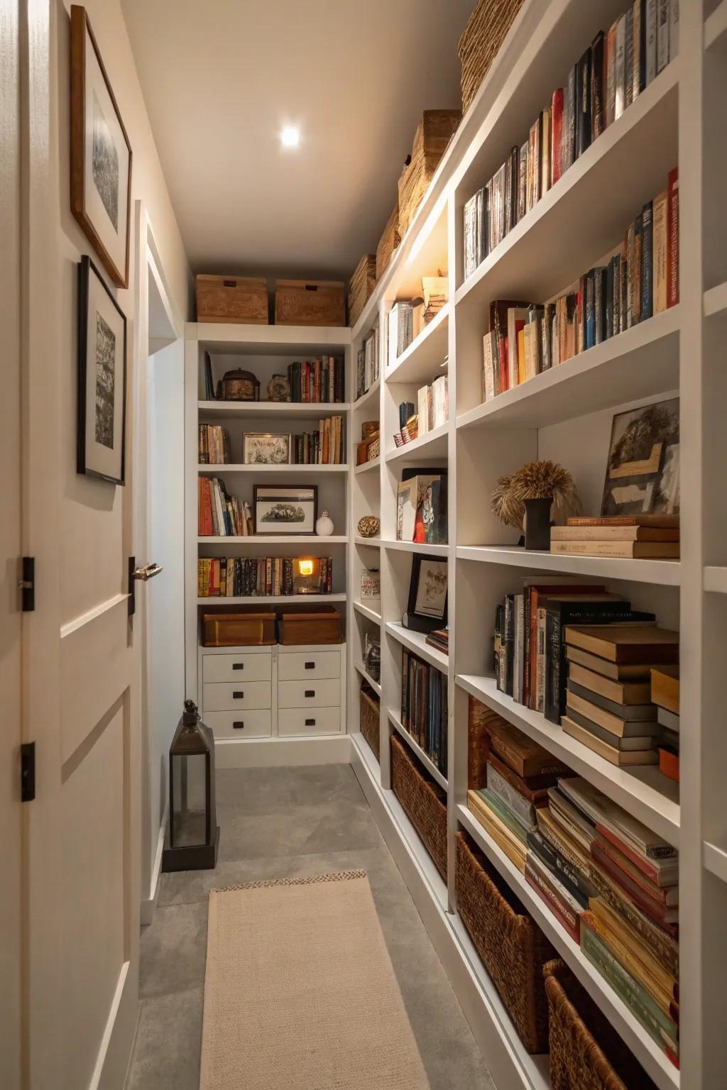 Vertical shelving makes this tiny room both organized and attractive.