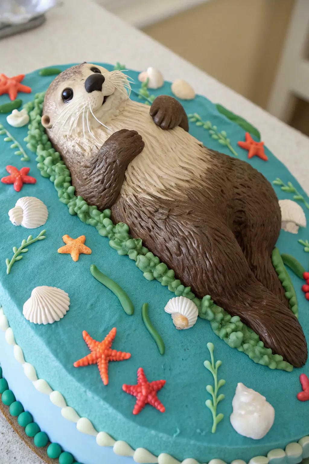 A 3D carved otter cake serves as a remarkable point of interest.