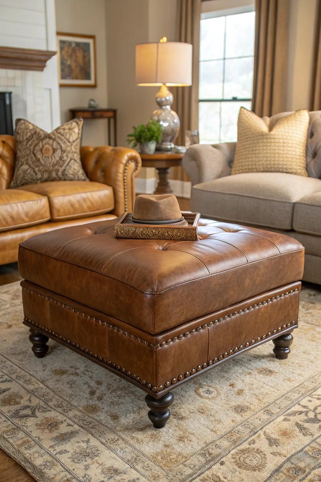A timeless leather ottoman enriches a lounge with warmth and sophistication.