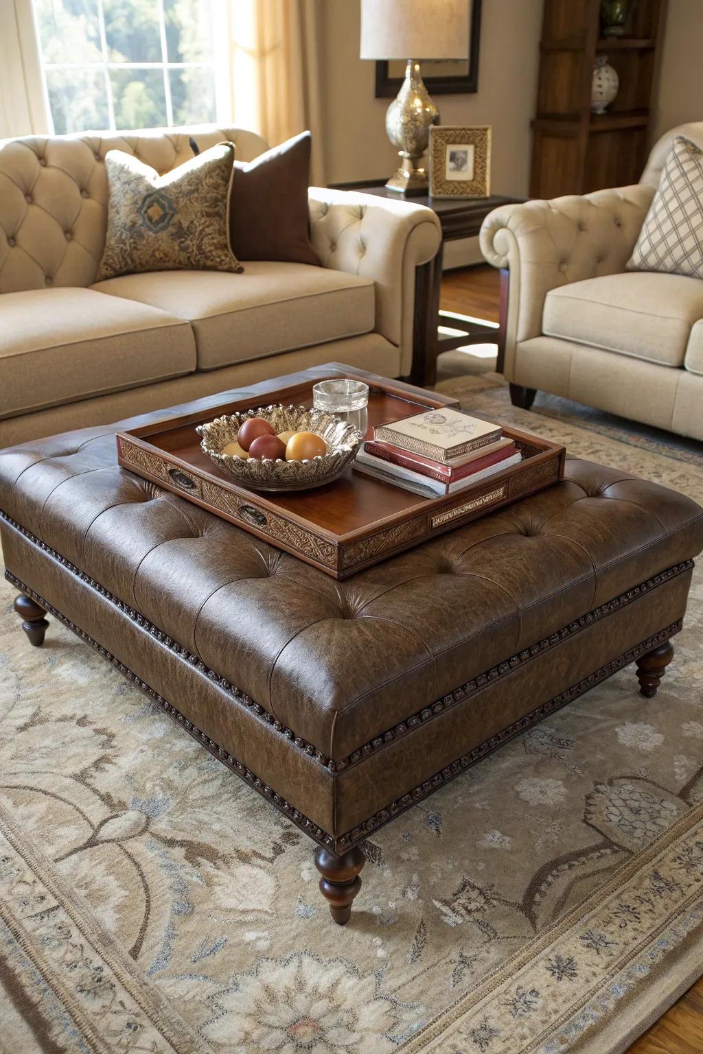 An ottoman presented as an inviting center table feature