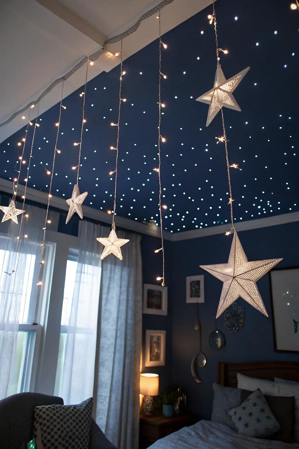 An overhead space remodeled to resemble a starry midnight realm with twinkling lights and hanging stars.