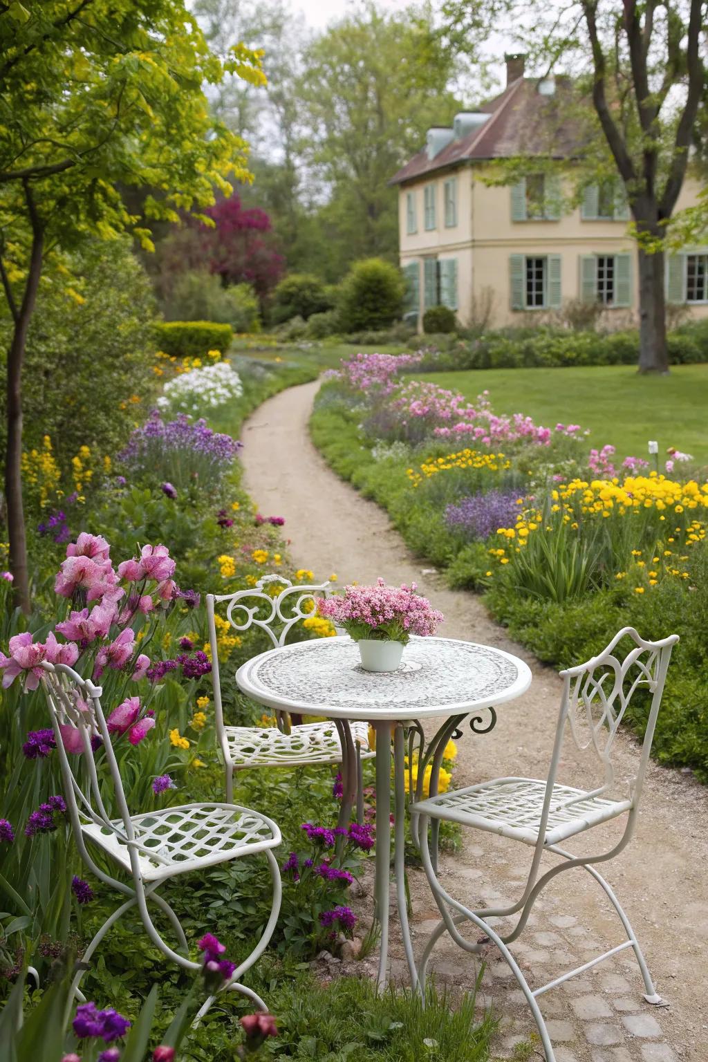 Timeless grace showcased by an ornate ironwork bistro set amidst a flourishing garden.