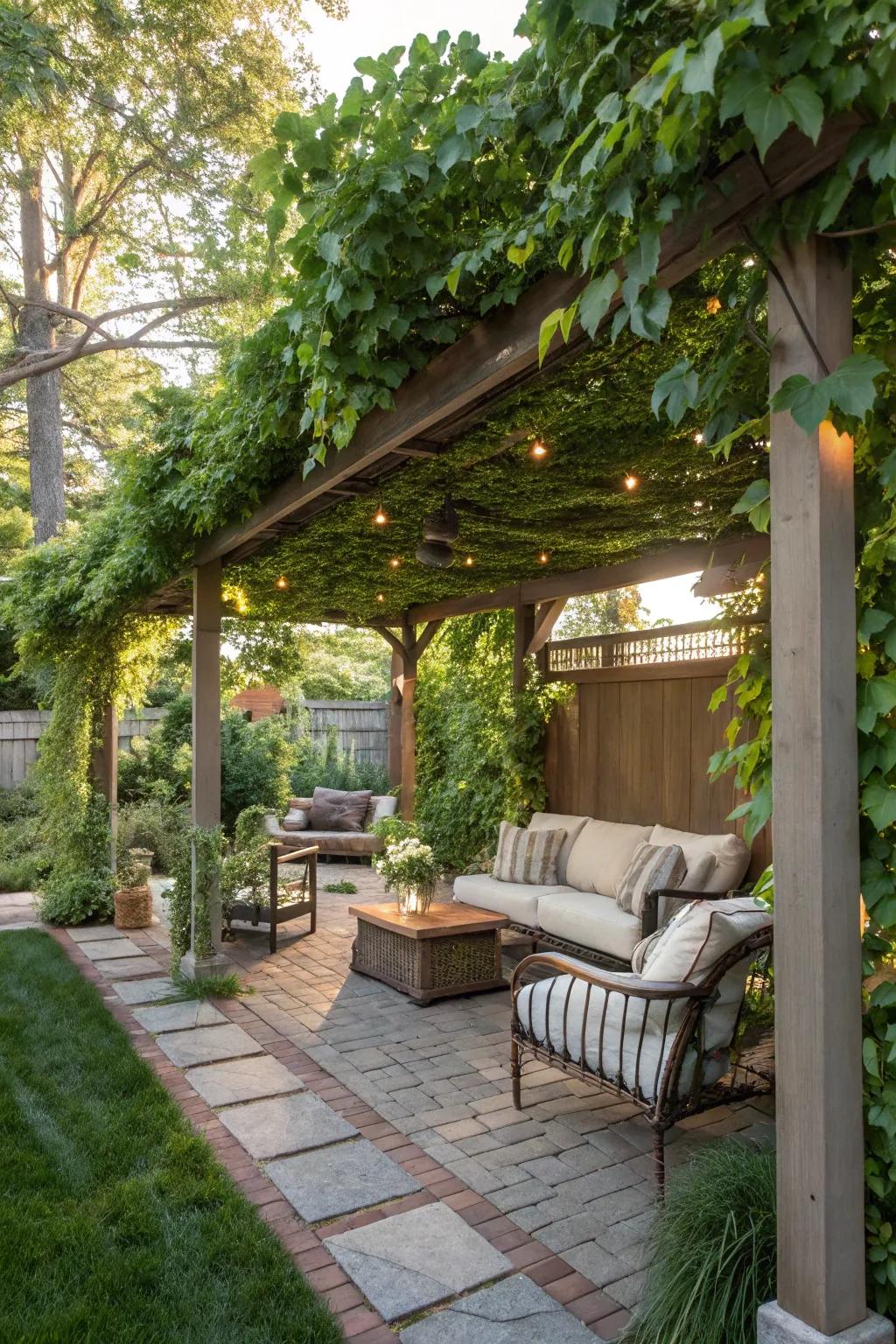 A pergola enriched with trailing greenery makes for a peaceful garden escape.