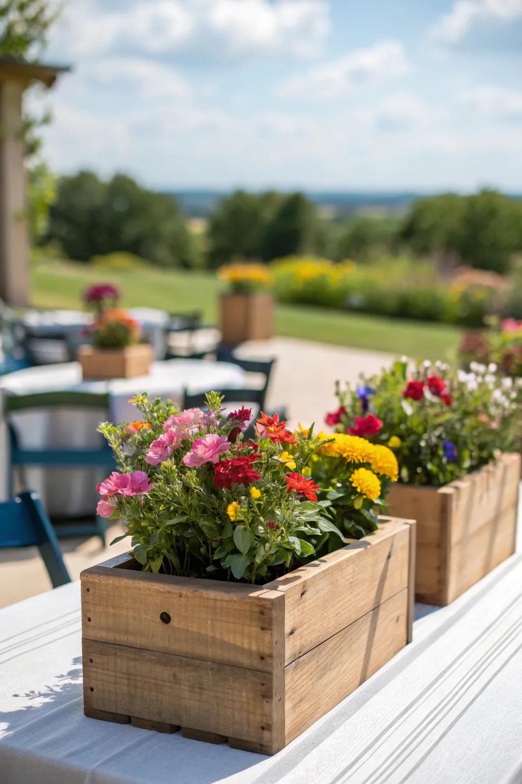 Wooden plant holders bursting with seasonal flowers introduce rustic charm to any table setting.
