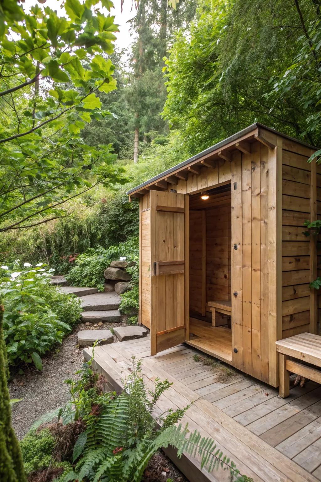 A country-style wood structure that offers privacy while enhancing the natural setting.
