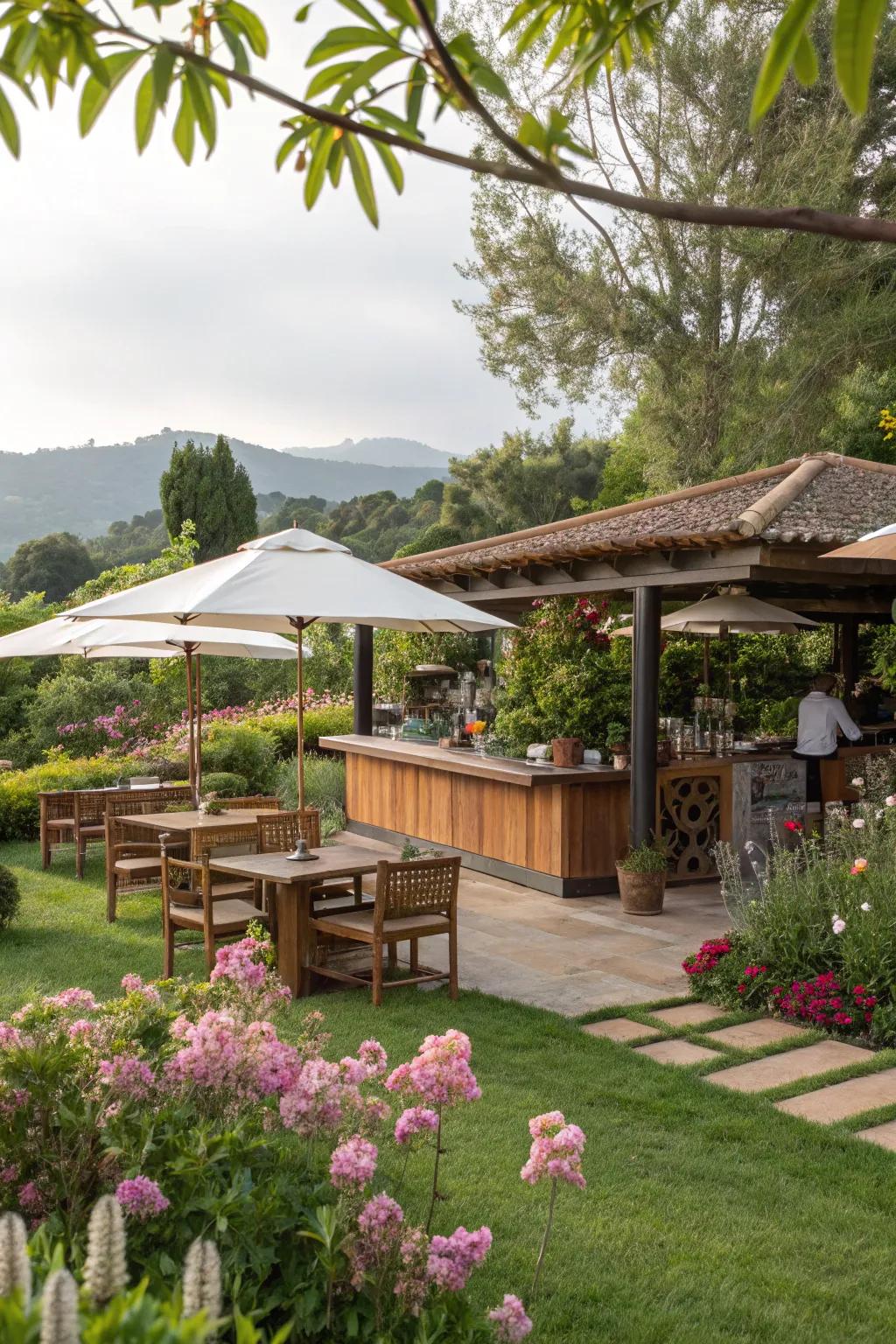 A secluded garden coffee bar is surrounded by vibrant foliage.