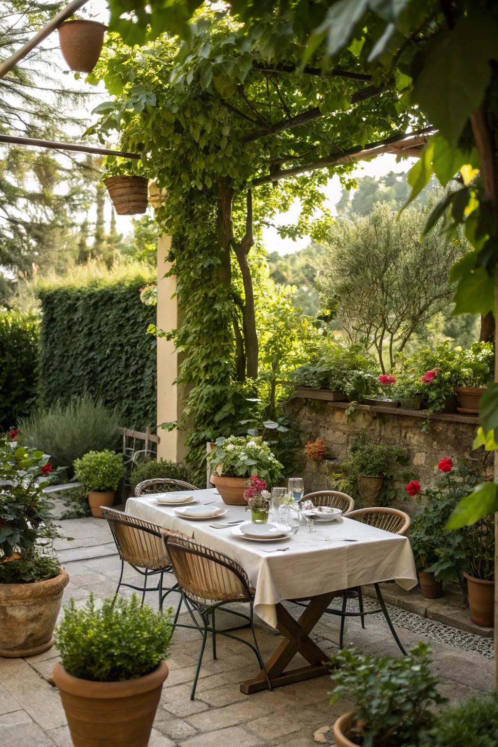 A peaceful outdoor dining retreat framed by lush greenery.
