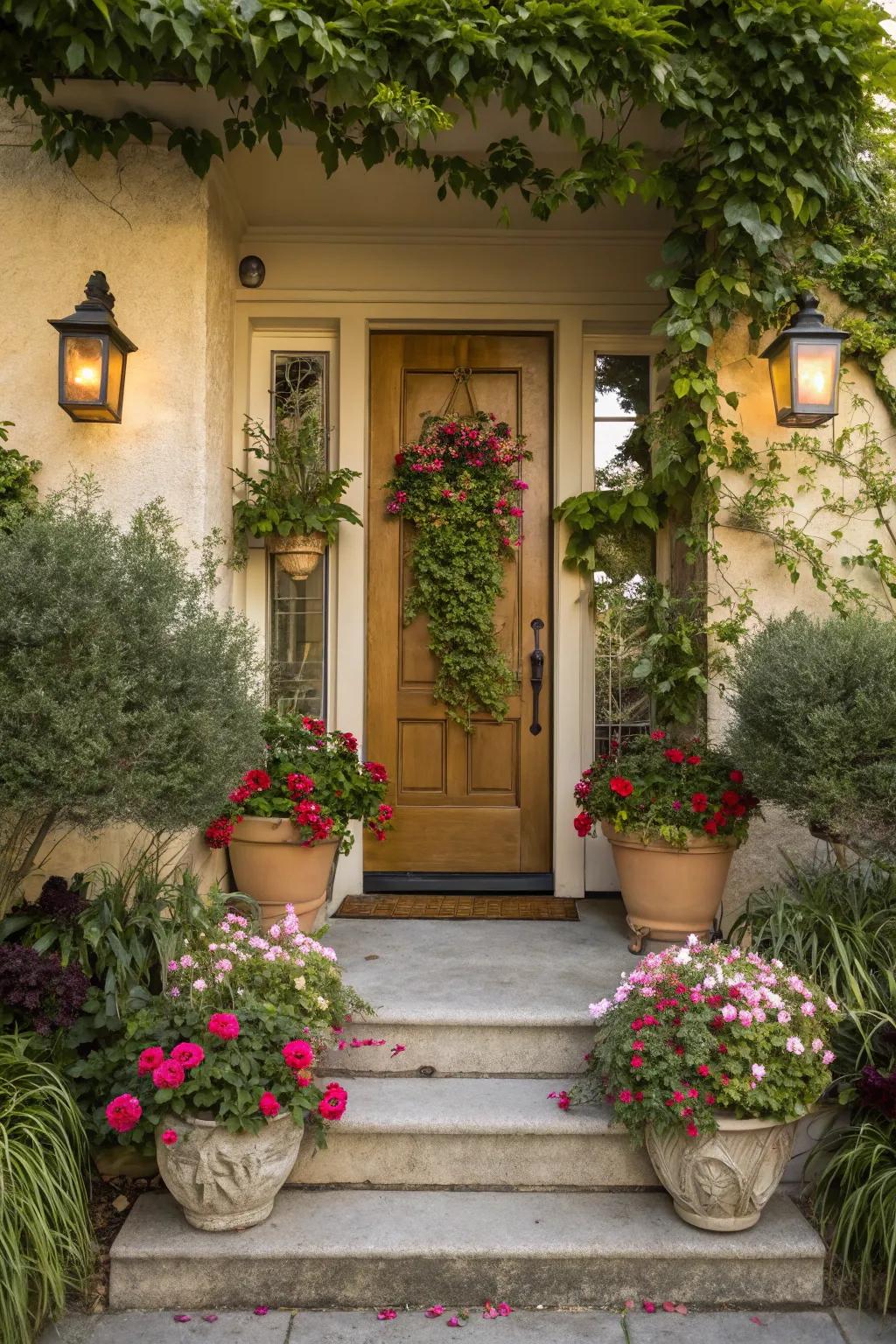 Potted flora introduces vibrancy and vitality to any entryway, fostering a welcoming atmosphere.