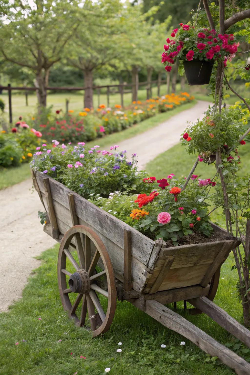 An antique hay wagon brimming with vibrant flowers bestows charm upon the garden.