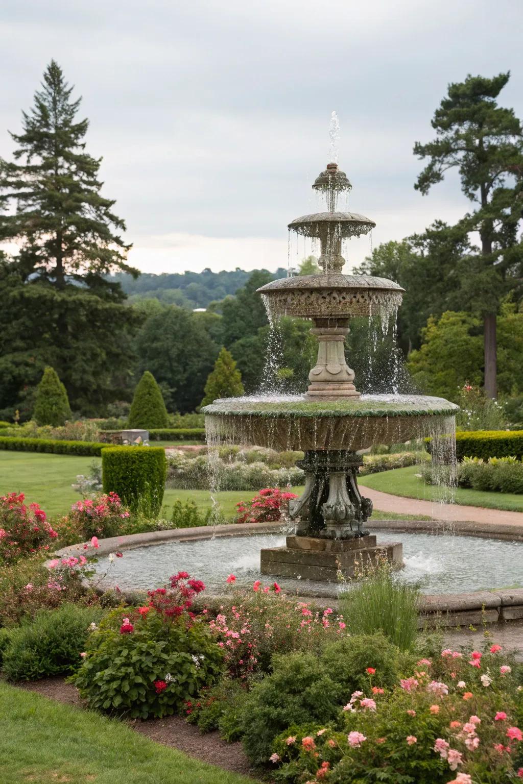 Tiered garden fountains add a touch of grandeur to outdoor settings.
