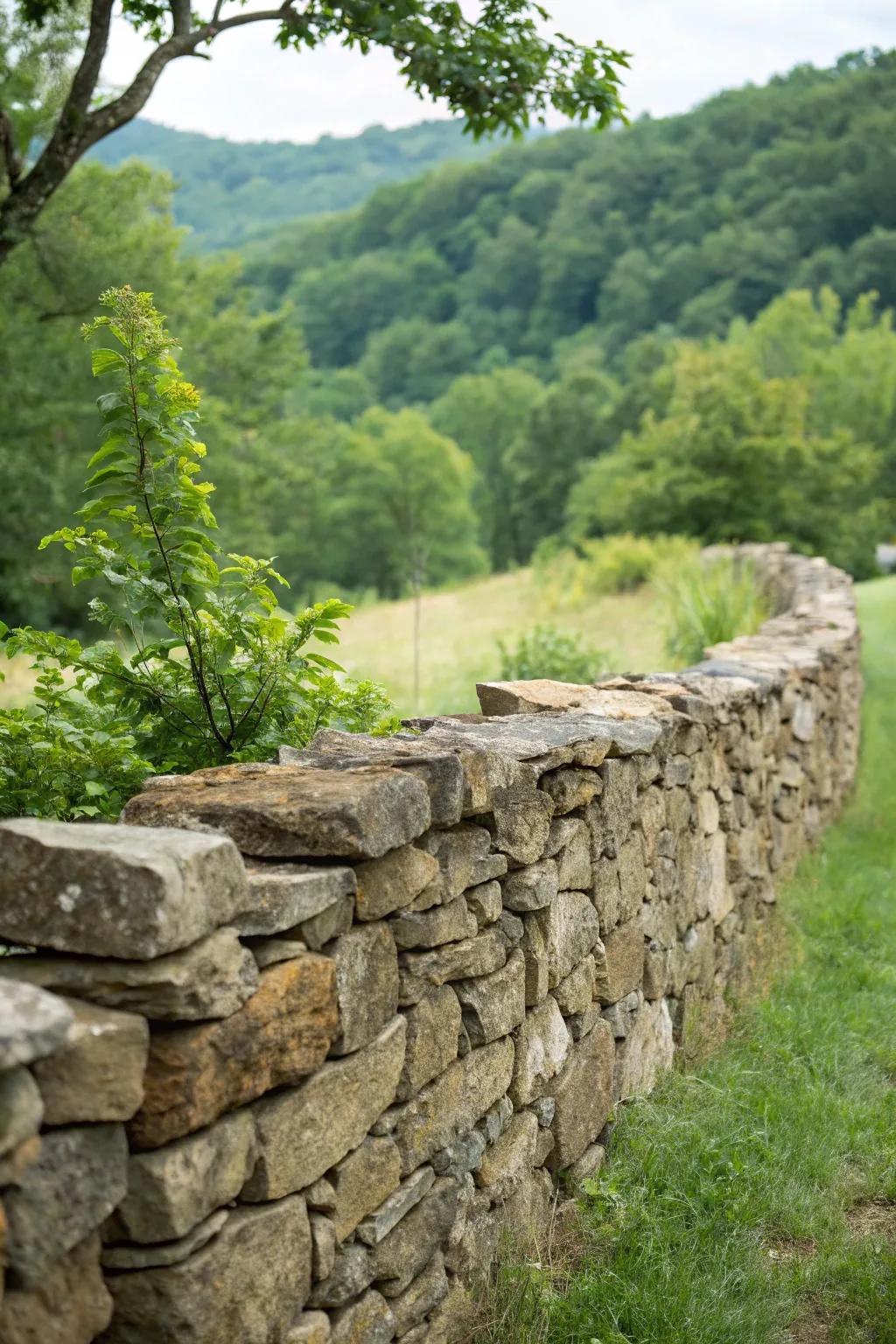 Rustic fieldstone walls infuse a sense of countryside charm into any garden setting.