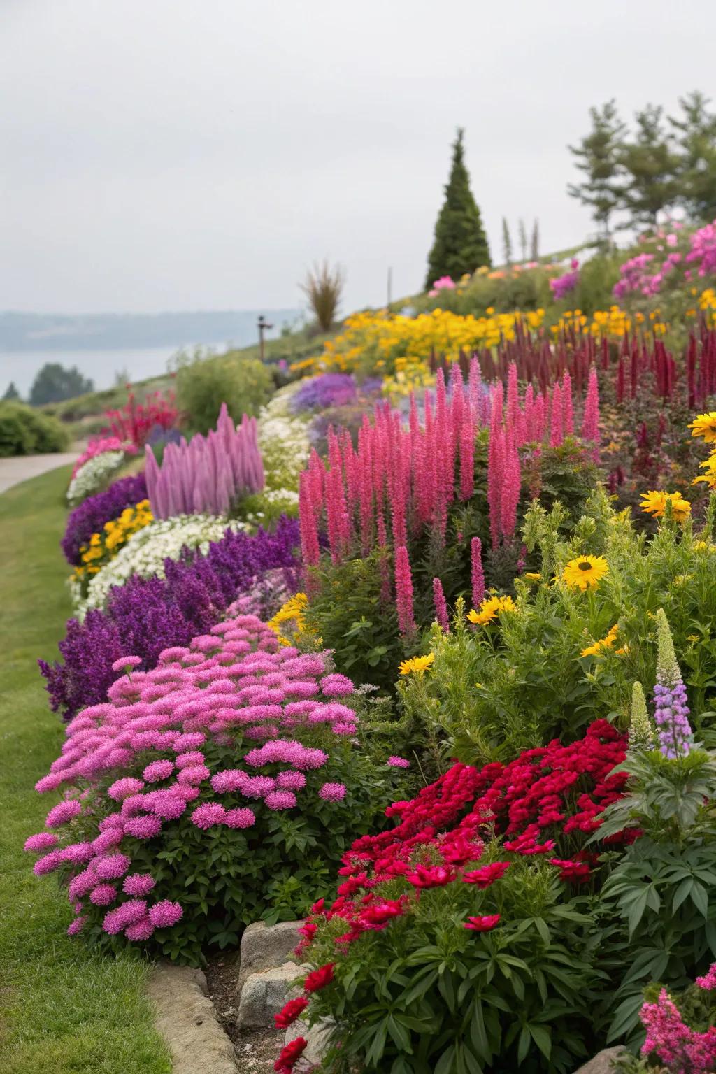 Brilliant floral displays showcasing a medley of colorful blossoms at differing elevations.