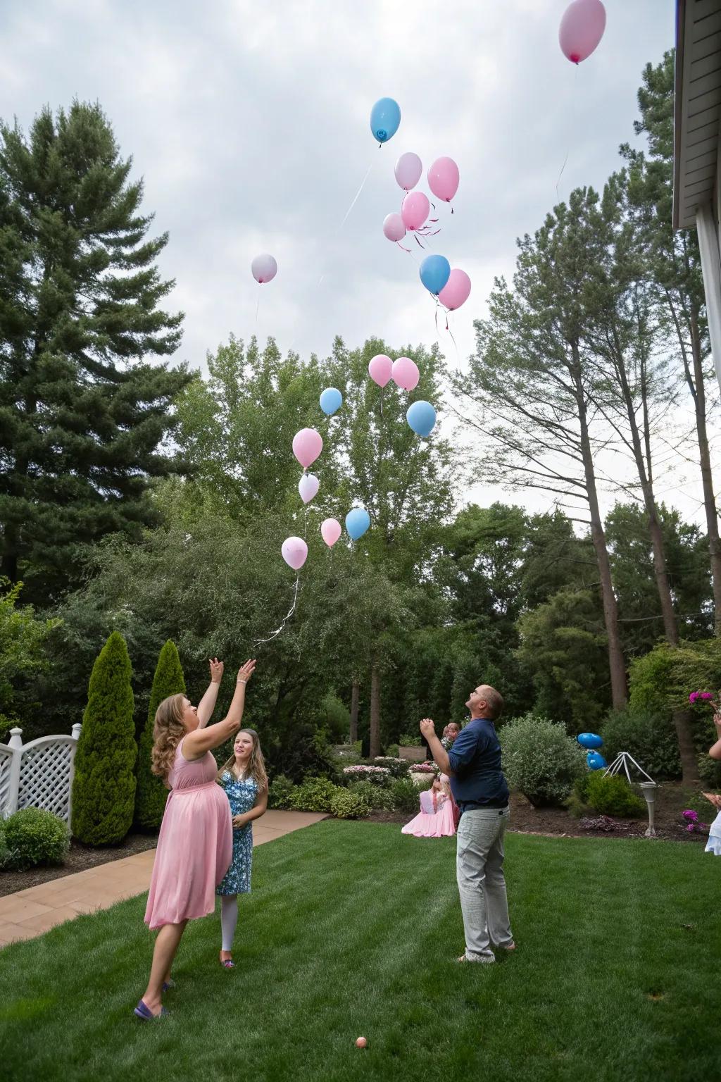 A joyful scene of floating balloons unveiling the baby's gender.