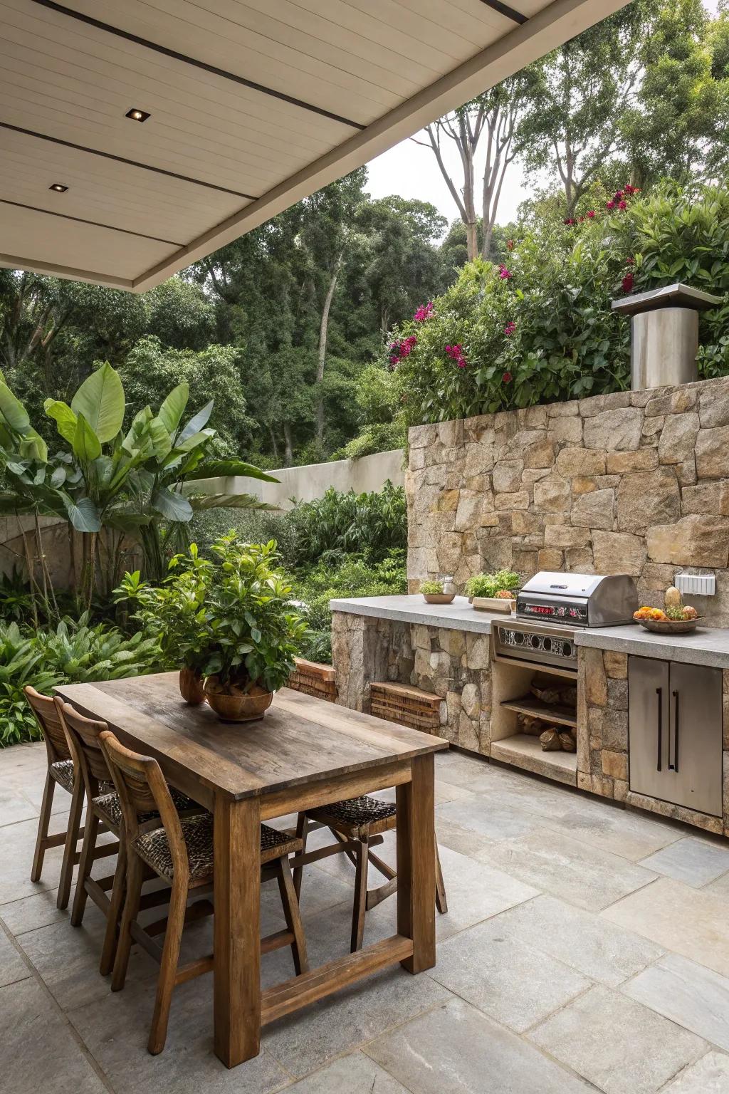 Backsplashes made of natural stone establish an elegant and balanced outdoor cooking space.