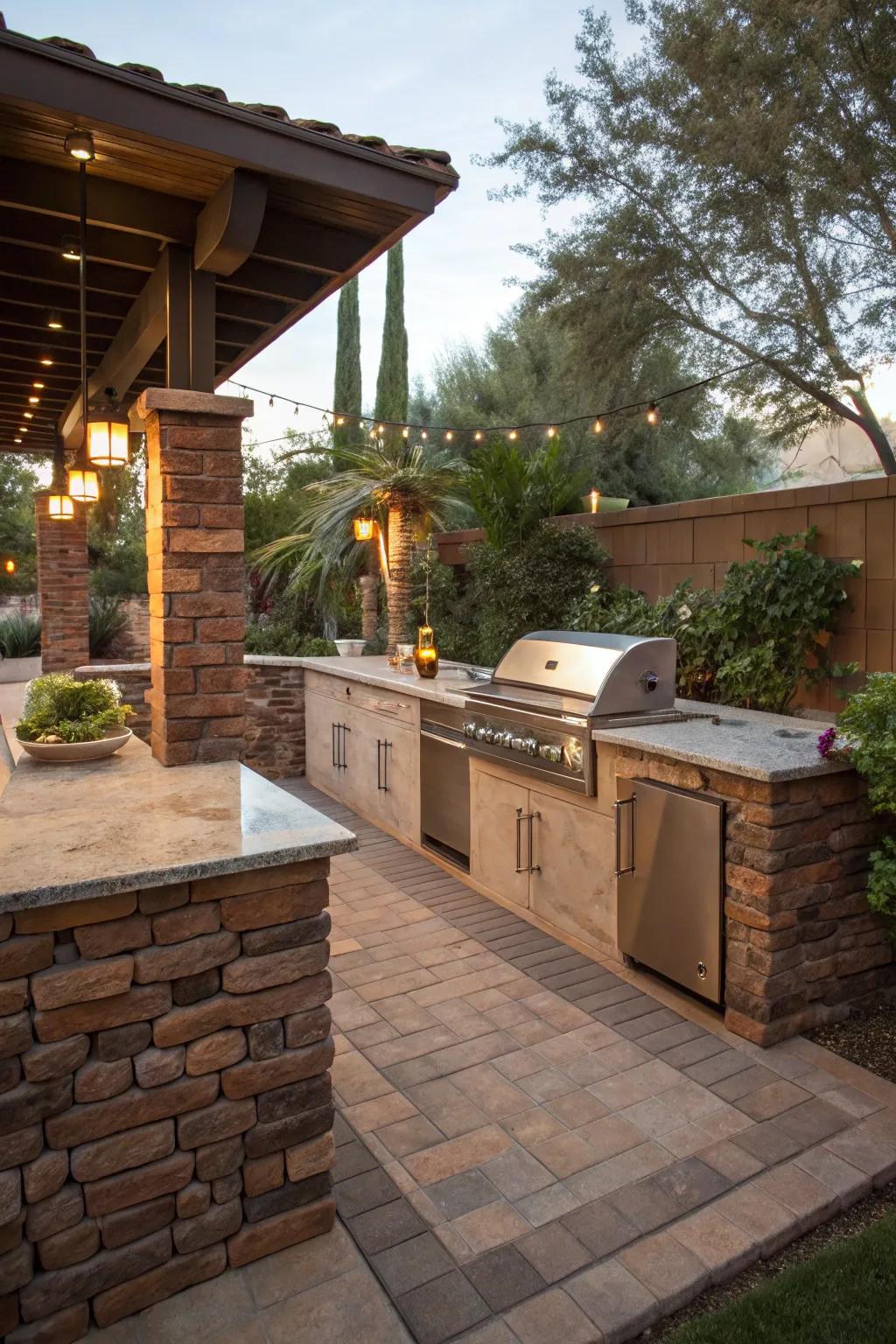 Authentic stone and brick contribute toughness and beauty to your outdoor cooking area.
